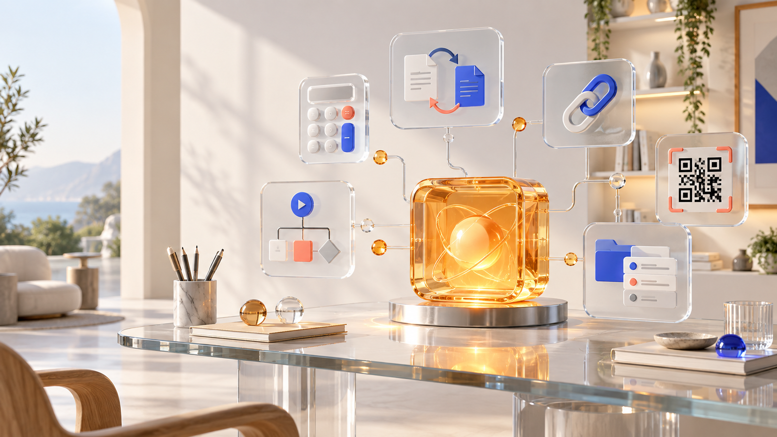 Oficina digital luminosa com pequenos módulos de ferramentas conectados a uma ideia central